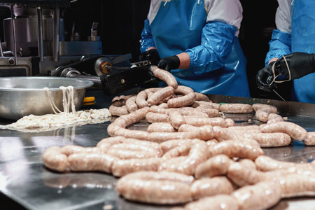 Close up of sausages production process at the meat factory. Food industry conceptの写真素材
