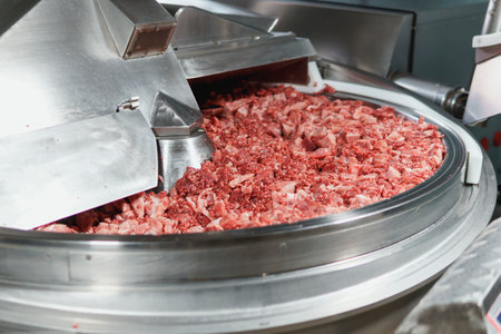 Processing of production minced meat in industrial meat grinder, close up. Modern technologies in...