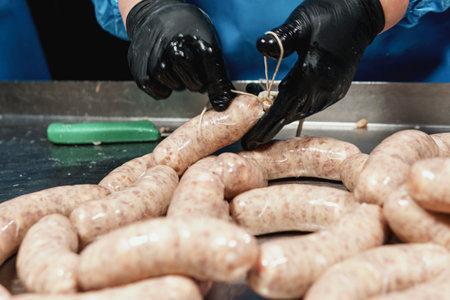 Close up of sausages production process at the meat factory. Food industry conceptの写真素材