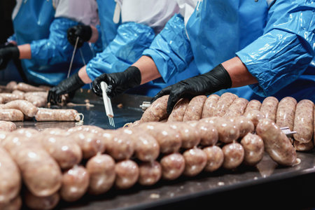 Close up of sausages production process at the meat factory. Food industry conceptの写真素材