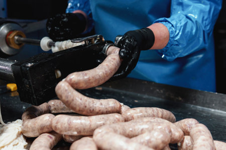 Close up of sausages production process at the meat factory. Food industry conceptの写真素材