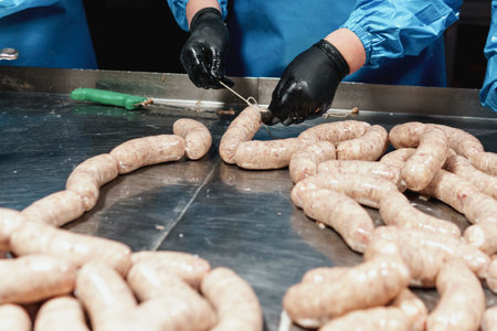 Close up of sausages production process at the meat factory. Food industry conceptの写真素材