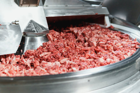 Processing of production minced meat in industrial meat grinder, close up. Modern technologies in...