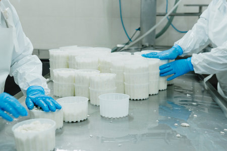 Mozzarella cheese factory. Produces handmade mozzarella with fresh milk, close up. Concept of cheese...