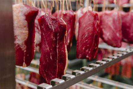 Smoked sausage production line in the factory. Pork and beef sausage salami industry. Tasty food and groceriesの写真素材