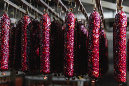 Smoked sausage production line in the factory. Pork and beef sausage salami industry. Tasty food and groceriesの写真素材
