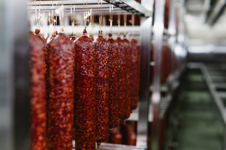 Smoked sausage production line in the factory. Pork and beef sausage salami industry. Tasty food and groceriesの写真素材