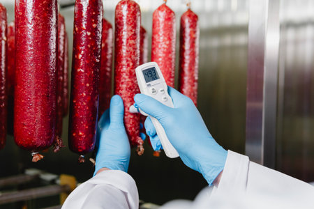 Smoked sausage production line in the factory. Pork and beef sausage salami industry.の写真素材