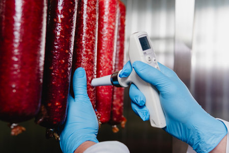 Smoked sausage production line in the factory. Pork and beef sausage salami industry.の写真素材