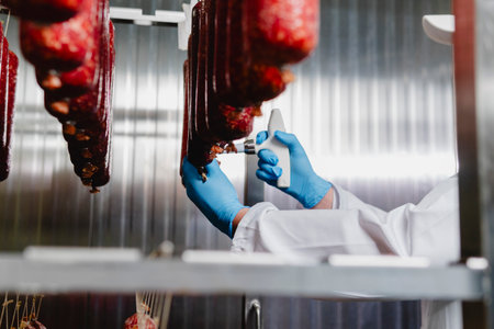 Smoked sausage production line in the factory. Pork and beef sausage salami industry. Tasty food and groceriesの写真素材