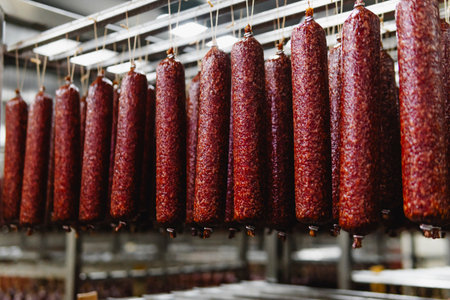 Smoked sausage production line in the factory. Pork and beef sausage salami industry. Tasty food and groceriesの写真素材