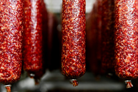 Smoked sausage production line in the factory. Pork and beef sausage salami industry.の写真素材