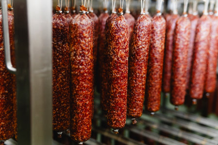 Smoked sausage production line in the factory. Pork and beef sausage salami industry. Tasty food and groceriesの写真素材