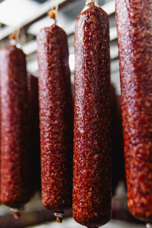 Smoked sausage production line in the factory. Pork and beef sausage salami industry. Tasty food and groceriesの写真素材