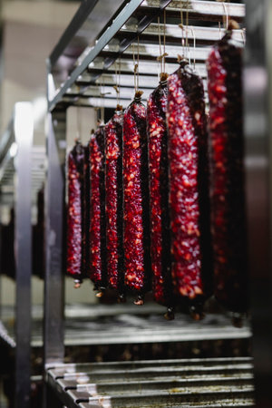 Smoked sausage production line in the factory. Pork and beef sausage salami industry.の写真素材
