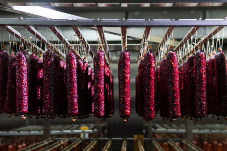 Smoked sausage production line in the factory. Pork and beef sausage salami industry. Tasty food and groceriesの写真素材