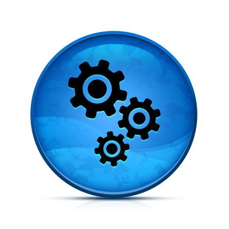 Gears icon on classy splash blue round buttonの写真素材