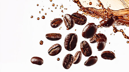 A perfect coffee splash with whole beans in mid-air, isolated with a clean white backdrop for sharp contrast.の素材