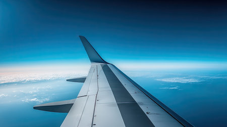 A beautiful aerial shot of an airplane wing, with the endless blue sky creating a serene and peaceful view.の素材