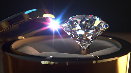 A beautiful diamond ring in a jewelry box, with the lid open and the brilliant diamond sparkling against a soft background.の素材