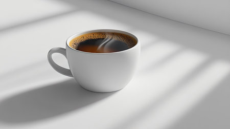 A cup of hot coffee on a white surface, with a faint steam rising and creating a cozy, inviting atmosphere.の素材