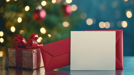 Festive arrangement with blank card and red envelope placed next to a shiny gift box under soft lightingの素材