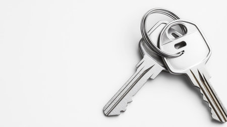 Close-up of shiny silver metal keys attached to a simple round keychain, placed against a clean white background for minimalist product presentationの素材