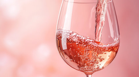 Close-up of ros wine pouring into a glass, droplets suspended in motion against a soft pink backgroundの素材