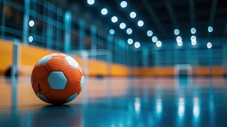 Indoor sports hall with a handball resting on polished floor, goal post blurred in the background, symbolizing team practiceの素材
