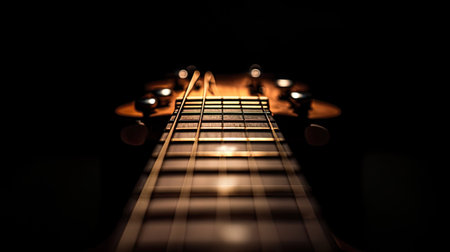 Close-up of the top of an acoustic guitar neck with tuning pegs, illuminated softly against a black backgroundの素材