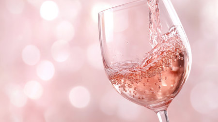 Close-up of ros wine pouring into a glass, droplets suspended in motion against a soft pink backgroundの素材