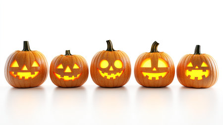 Multiple jack-o'-lanterns with different expressions, glowing from within, perfectly isolated on whiteの素材