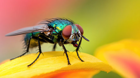 Common green bottle fly on a flower petal, proboscis extended, illustrating its role in pollination with vibrant natural surroundingsの素材