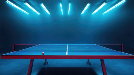 Ping-pong net on a competition table, with bright overhead lights creating a professional tournament atmosphereの素材