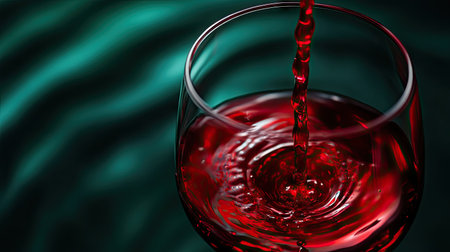 Red wine mid-pour, droplets and ripples visible, set against a dark green background for a luxurious feelの素材