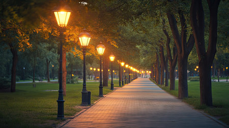 LED street lamps lining a city park pathway, ambient evening light blending with the last glow of the sunsetの素材