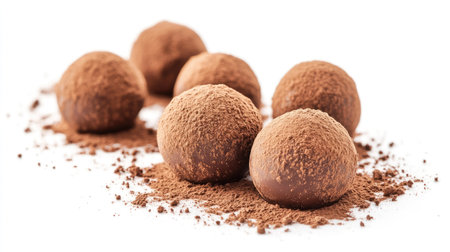 Elegant Dubai chocolate truffles with fine dusting of cocoa powder, displayed neatly on a pure white background, representing gourmet confectioneryの素材