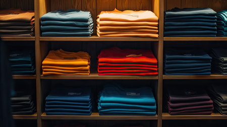 Neatly folded t-shirts in multiple colors, stacked on shelves with soft lighting highlighting textures and clean arrangementの素材