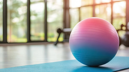 Colorful exercise ball on yoga mat in gym environment, representing wellness, balance, and healthy lifestyle activitiesの素材
