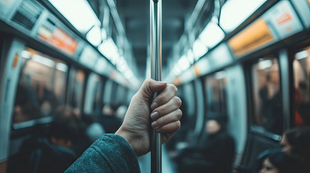 Hand firmly holding a triangular plastic grip in a crowded subway train, shallow depth of field focusing on grip texture and commuter's fingersの素材