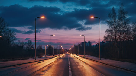 Contemporary LED street lights along an empty road, warm glow contrasting with the cool tones of duskの素材