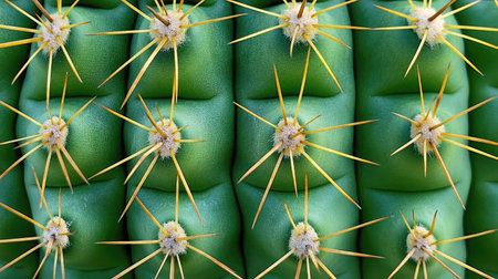Detailed view of barrel cactus texture with repeating ridges, thorn clusters, and natural green variations forming unique patternsの素材