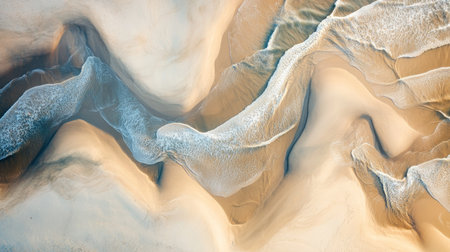 Natural flow patterns in beige sand, shaped by retreating seawater, photographed from aboveの素材