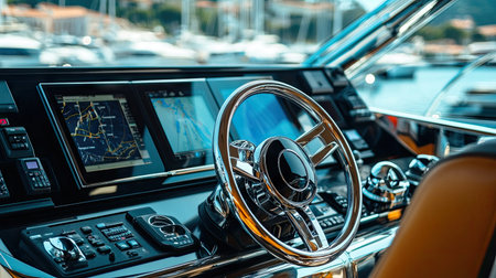 Elegant chrome and leather steering wheel on a motor yacht, surrounded by advanced navigation screens, marina in the backgroundの素材
