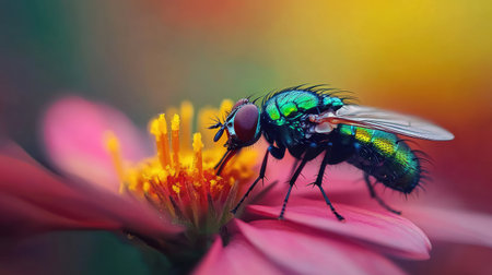 Common green bottle fly on a flower petal, proboscis extended, illustrating its role in pollination with vibrant natural surroundingsの素材