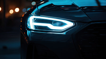 Elegant sedan headlights with white LED daytime running lights glowing in a moody, dark environmentの素材