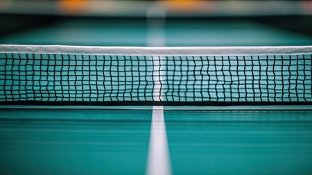 Ping-pong net viewed head-on with depth of field leading toward the far end of the table in soft blurの素材
