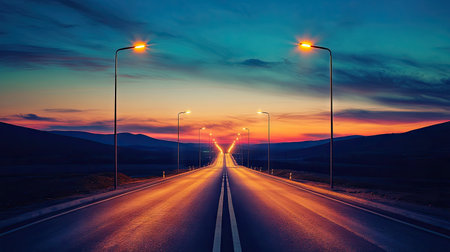 Contemporary LED street lights along an empty road, warm glow contrasting with the cool tones of duskの素材