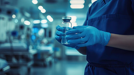 Healthcare worker wearing blue gloves holding a transparent vaccine bottle, hospital lights in the backgroundの素材