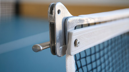 Detail of the clamp and post holding the ping-pong net, showing metal parts and tension cord clearlyの素材